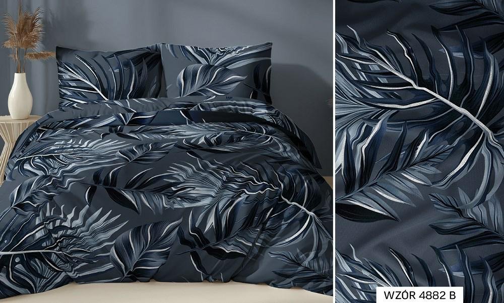 Pościel satynowa 140x200 granatowa liście zapinana na suwak KARO Satin