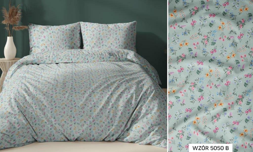 Pościel bawełniana 140x200 miętowa kolorowa kwiatki zapinana na suwak KARO Bawełna Max