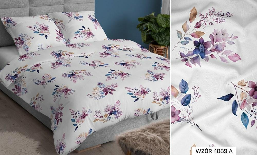 Pościel bawełniana 160x200 biała fioletowa kwiaty zapinana na suwak KARO Bawełna Max