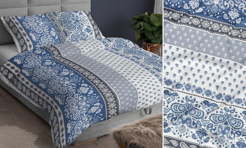 Pościel satynowa 160x200 niebieska ornamenty zapinana na suwak KARO Satin