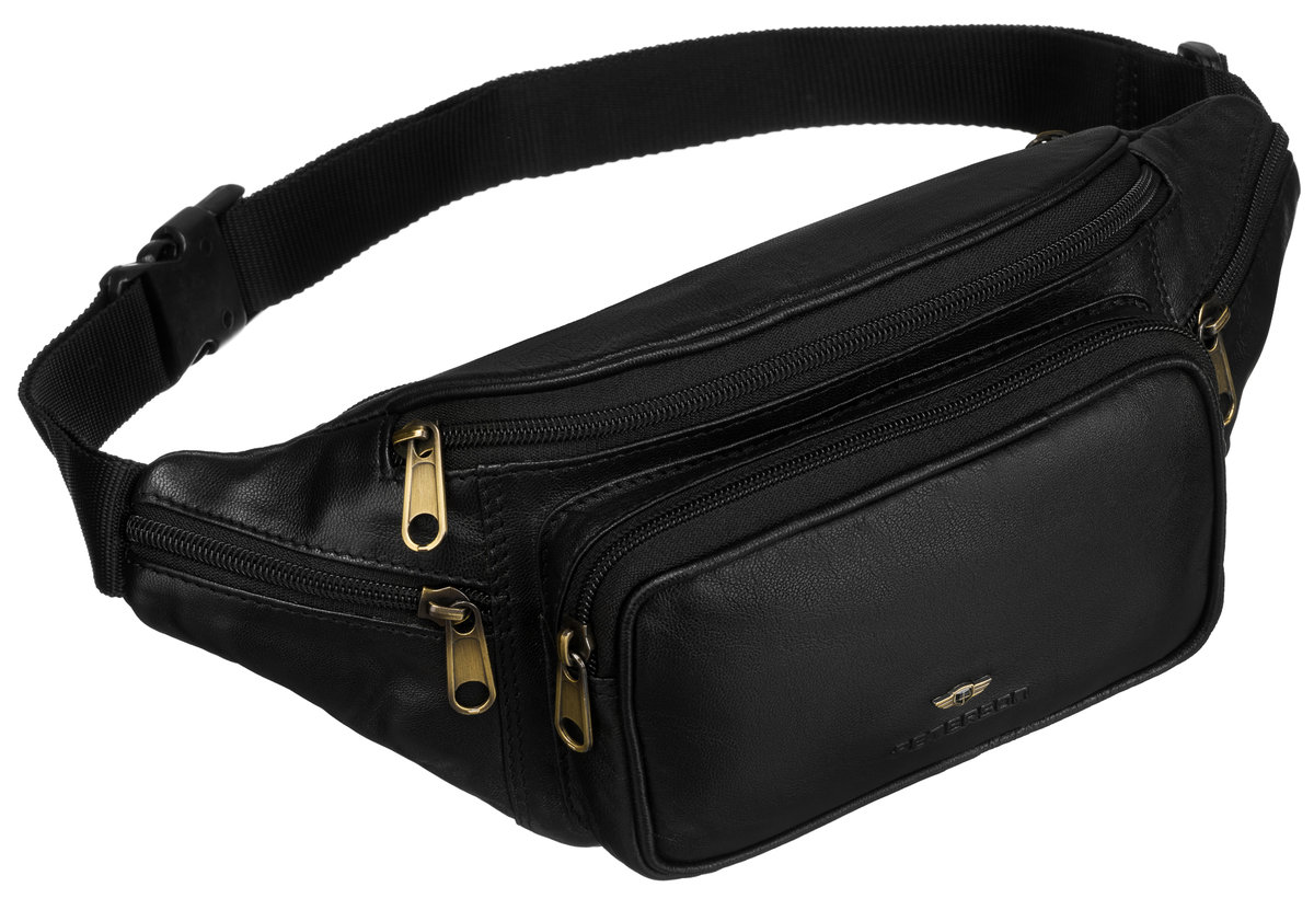 Klasyczna czarna nerka męska PETERSON skóra naturalna dwukomorowa saszetka na biodra z szerokim paskiem kieszonki na suwak