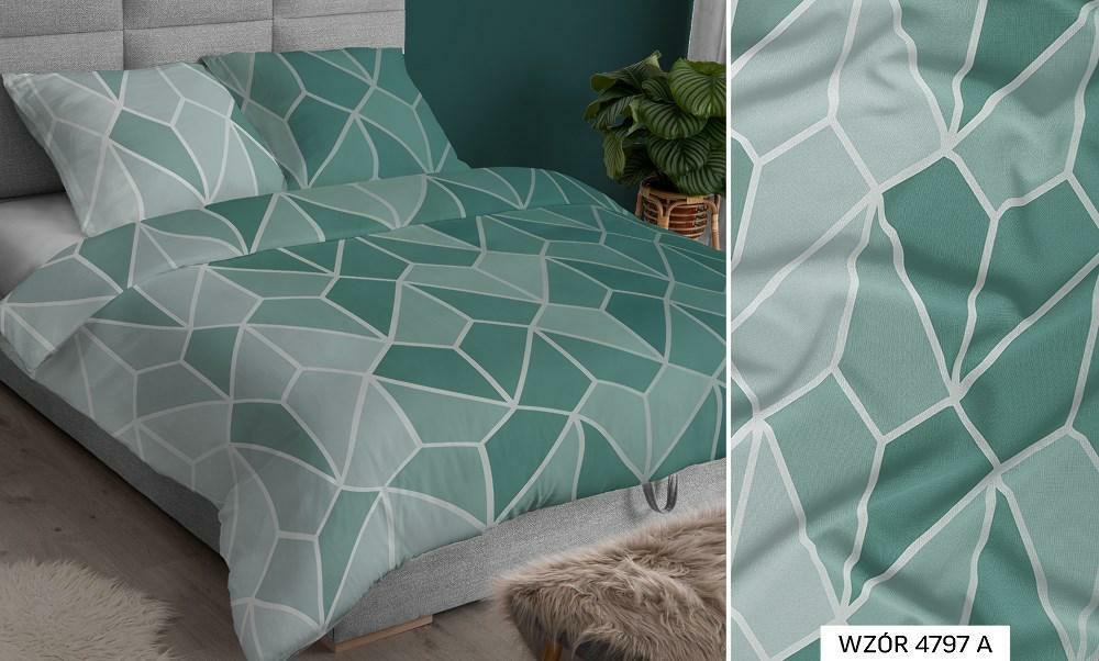 Pościel satynowa 140x200 geometria miętowa zapinana na suwak KARO Satin
