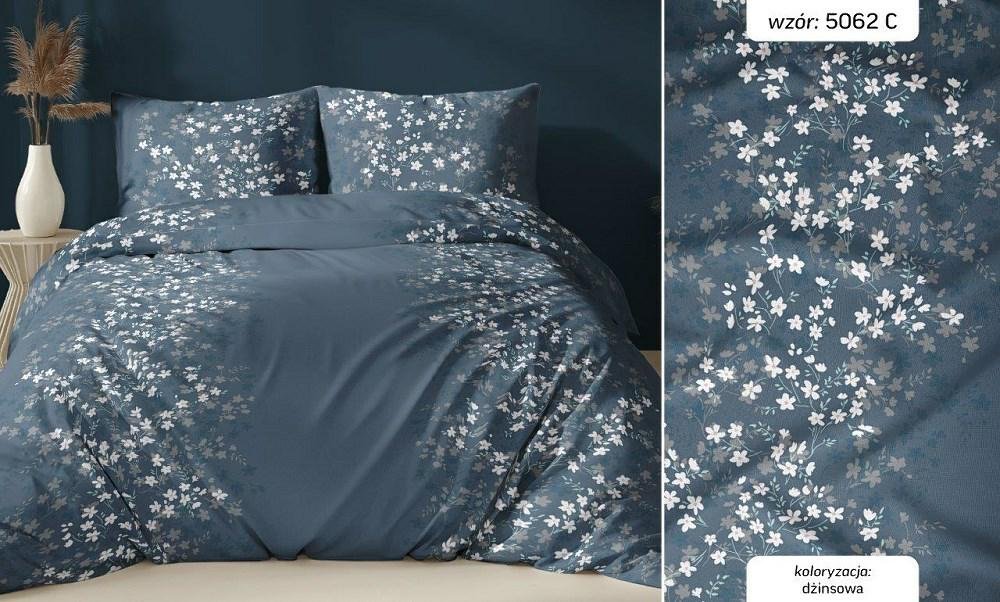 Pościel satynowa 140x200 granatowa kwiatuszki zapinana na suwak KARO Satin