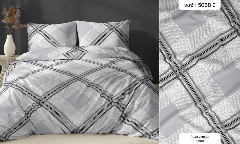 Pościel satynowa 140x200 szara kratka zapinana na suwak KARO Satin