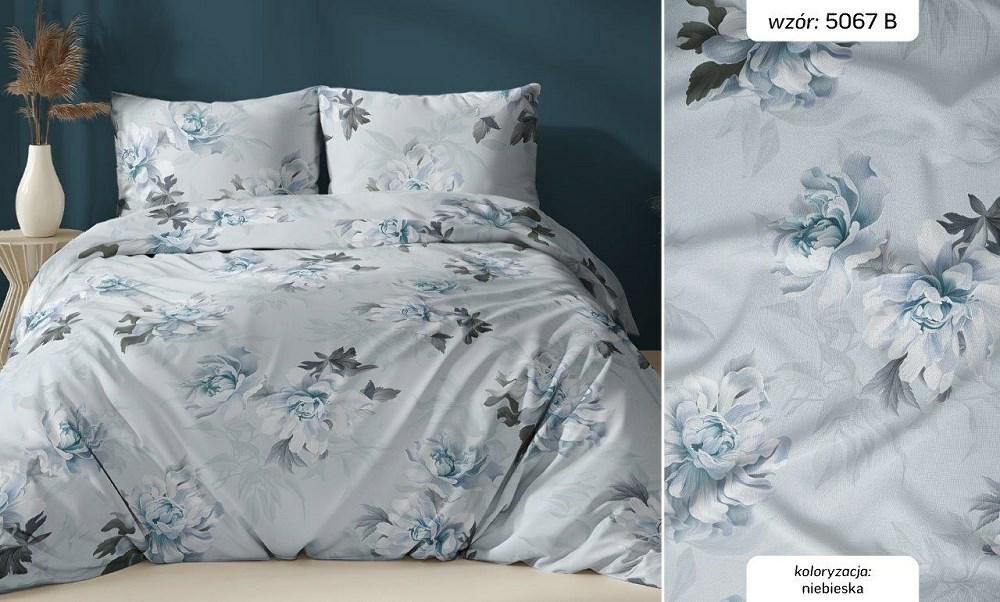 Pościel satynowa 140x200 niebieska kwiaty zapinana na suwak KARO Satin