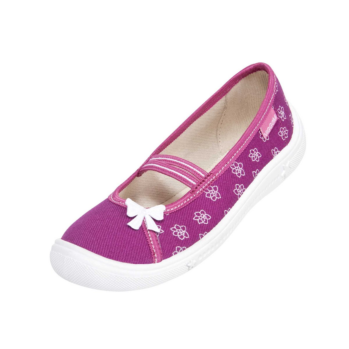 Dziewczęcie kapcie w gumkę z nadrukiem i kokardką 3D fuksja