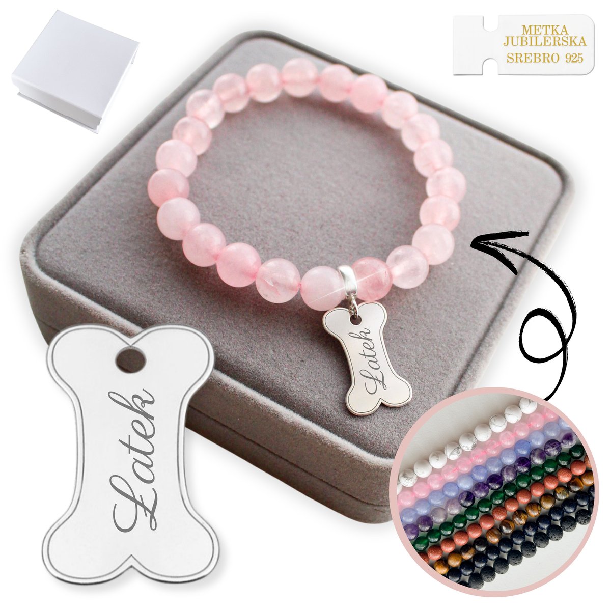 Bransoletka z Kamieni z Zawieszką 925 Charms Kość Imię Psa KOLORY GRAWER