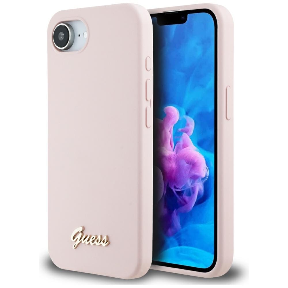 Etui Guess Silicone Script Metal Logo MagSafe do iPhone 16e różowy