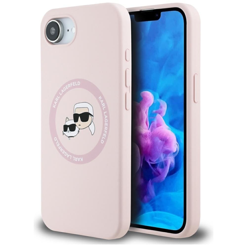 Karl Lagerfeld Etui Hard Case Silicone Karl & Choupette Heads Ring MagSafe do iPhone 16e, różowe