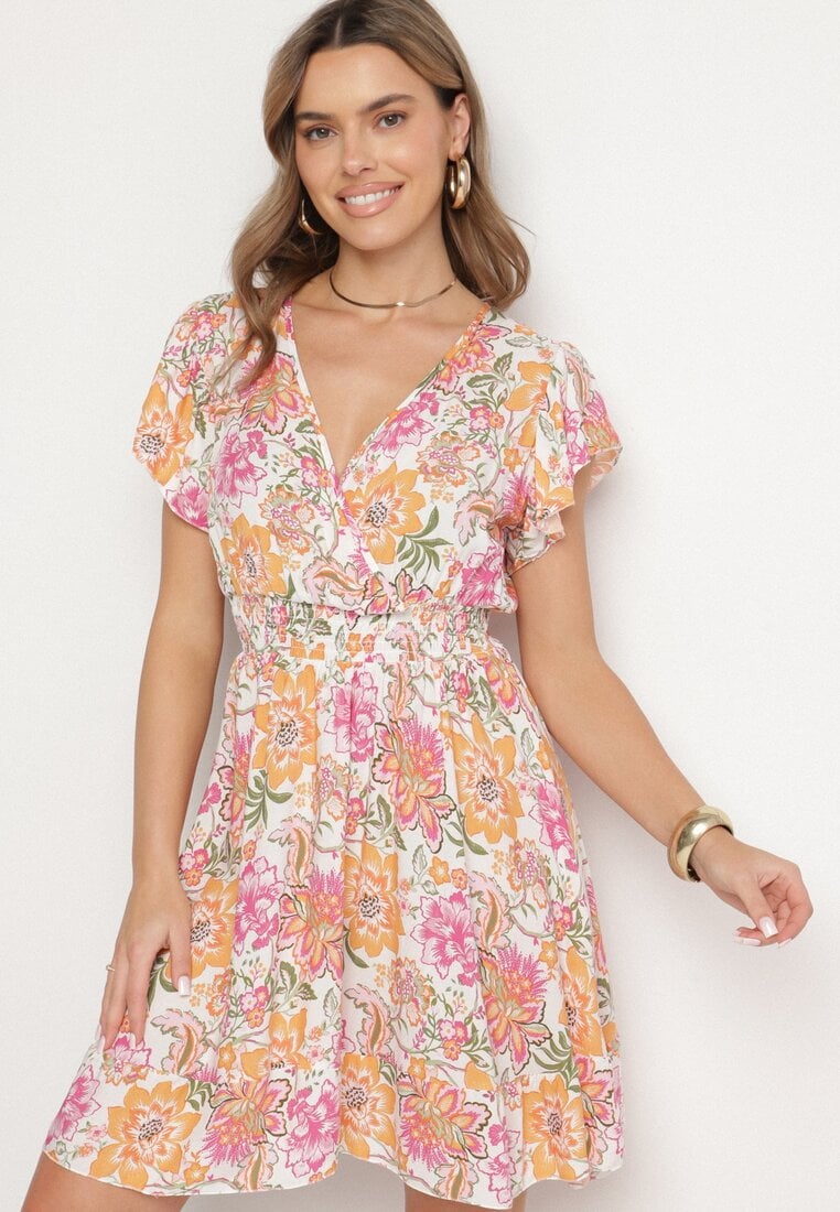 Pomarańczowa Bawełniana Sukienka w Kwiaty z Kopertowym Dekoltem Rozkloszowana Jenovienna