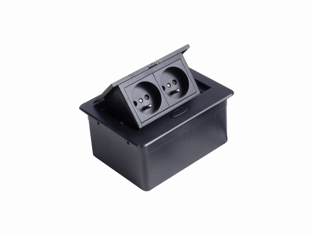 Gniazdo nablatowe meblowe wpuszczane w blat 2x230V Modułbox mini czarny mat