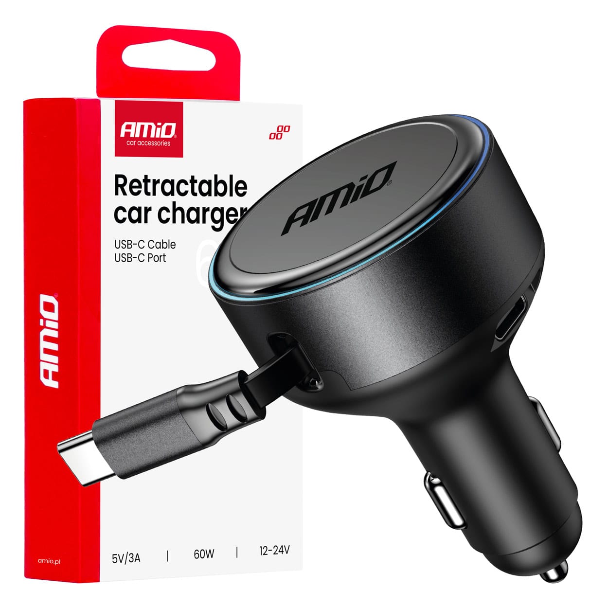 Ładowarka samochodowa ze zwijanym kablem typu c + usb-c 12v 24v 60w amio-04368