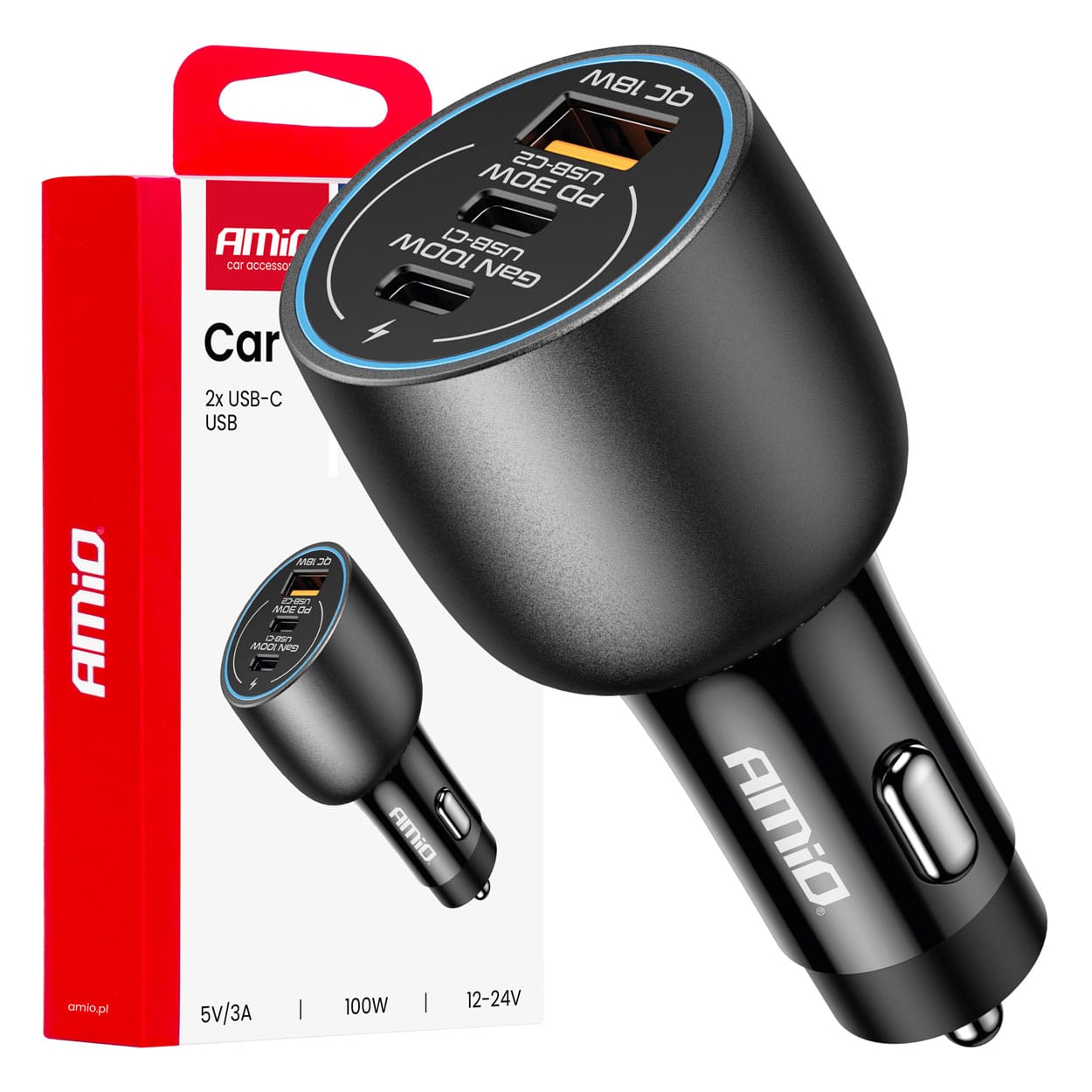 Ładowarka samochodowa 2x usb-c + usb-a 12v 24v 100w amio-04371