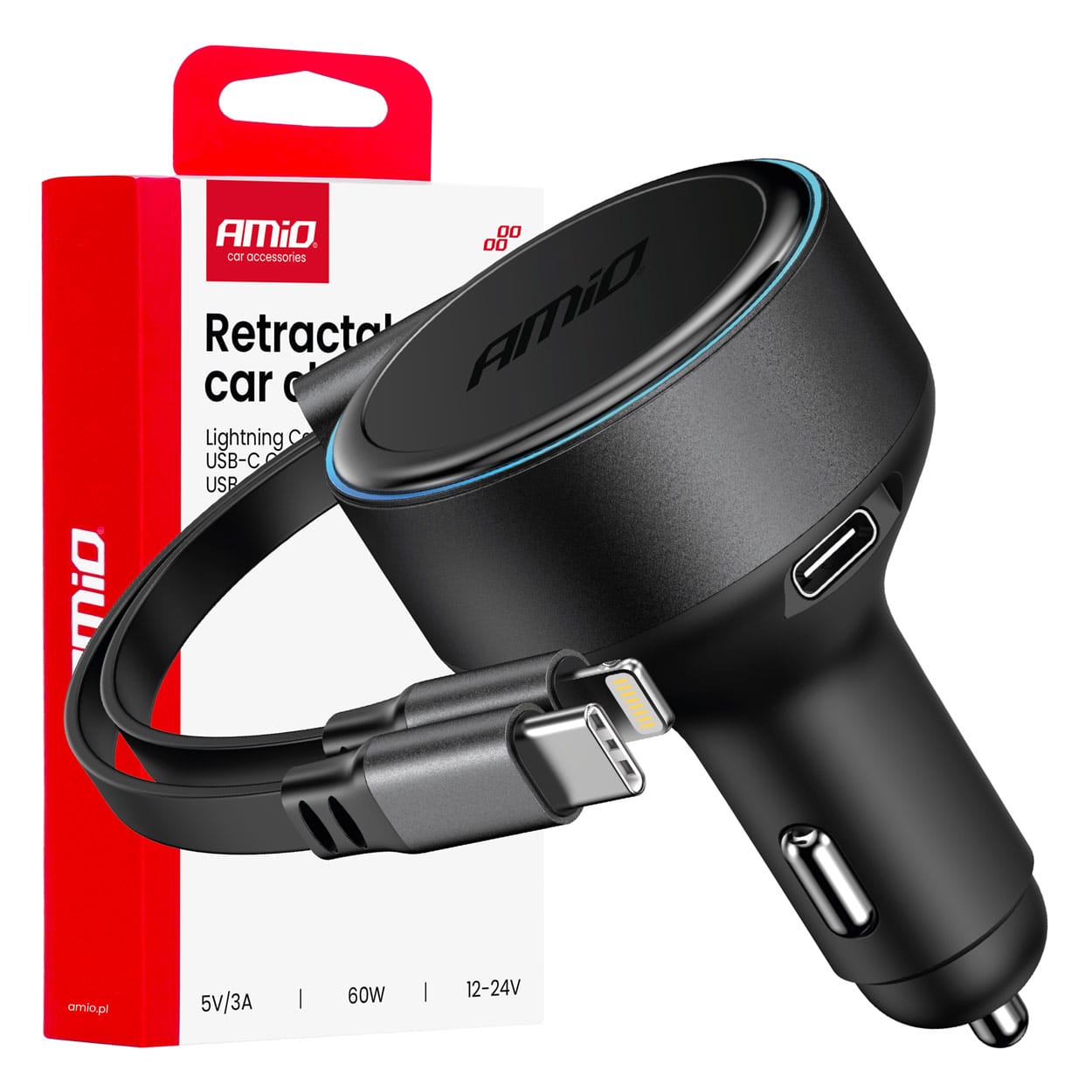 Ładowarka samochodowa ze zwijanym kablem typ c + lightning iphone + usb-c 12v 24v 60w amio-04370