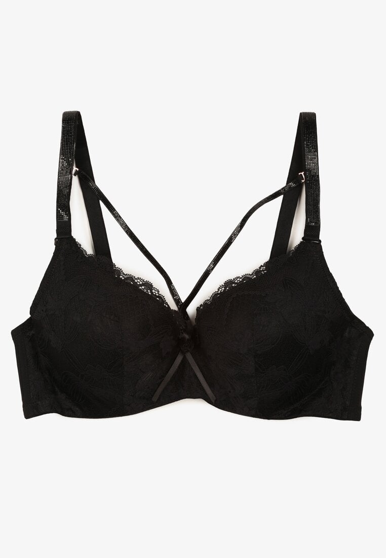 Czarny Biustonosz Koronkowy z Ozdobnymi Paskami i Cyrkoniami Emlimi