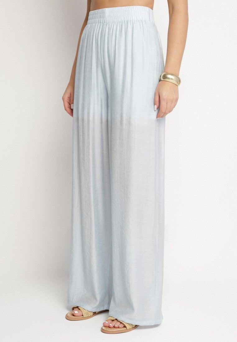 Jasnoniebieskie Spodnie Palazzo o Szerokim Kroju z Gumką w Pasie i Wysokim Stanem Jenanetia