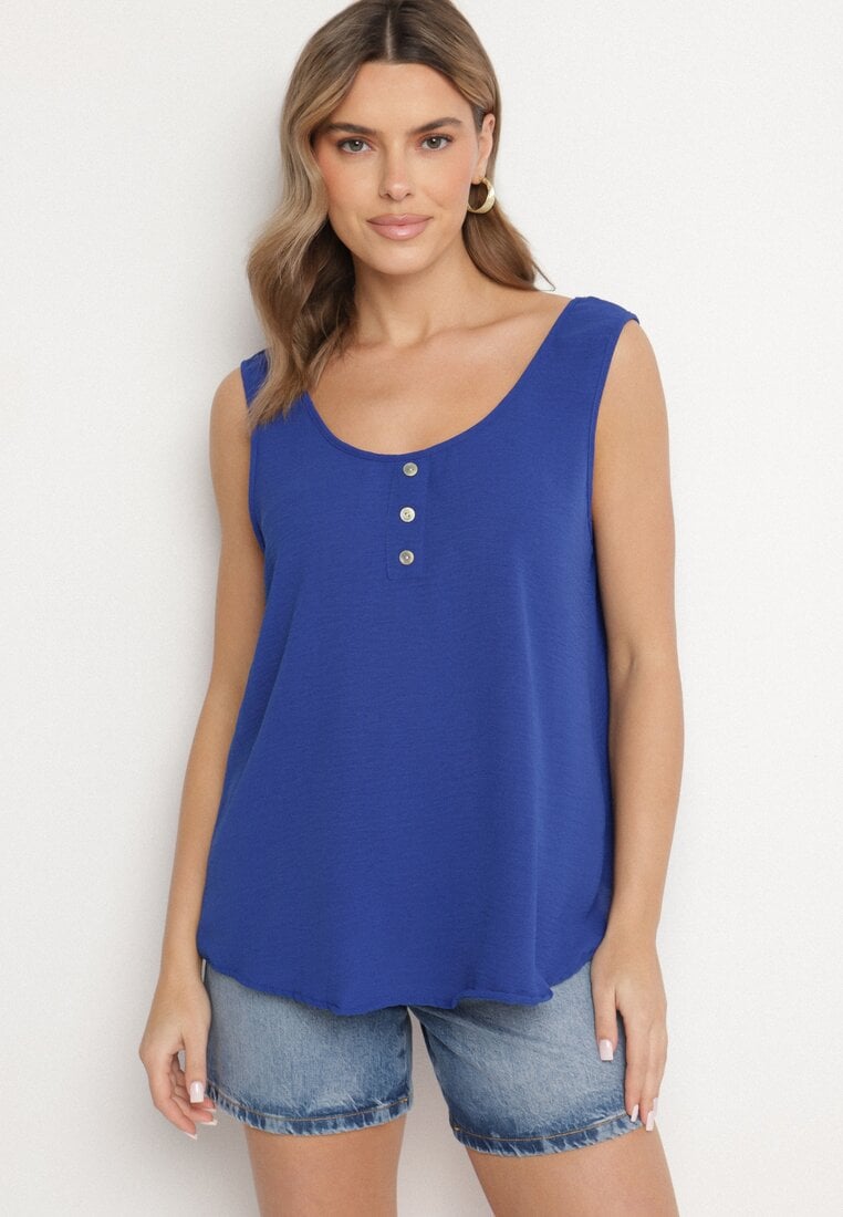 Niebieski Top na Szerokich Ramiączkach Zdobiony Guzikami Jenadorea