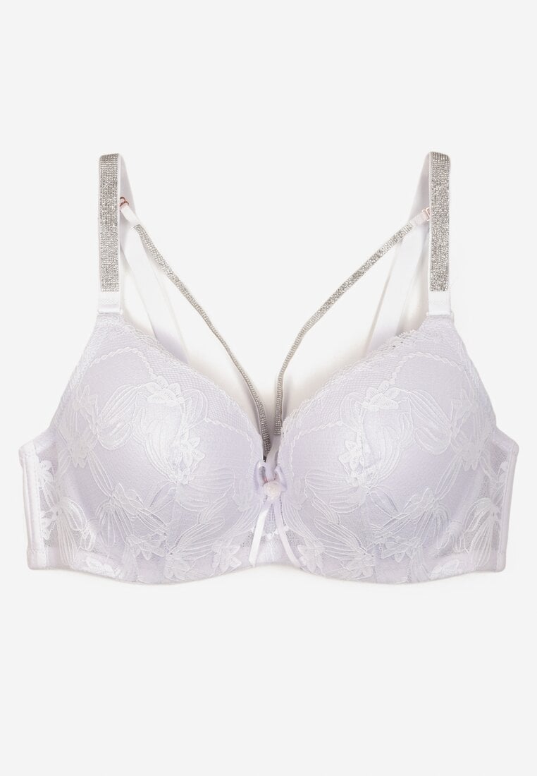 Biały Biustonosz Koronkowy z Ozdobnymi Paskami i Cyrkoniami Emlimi