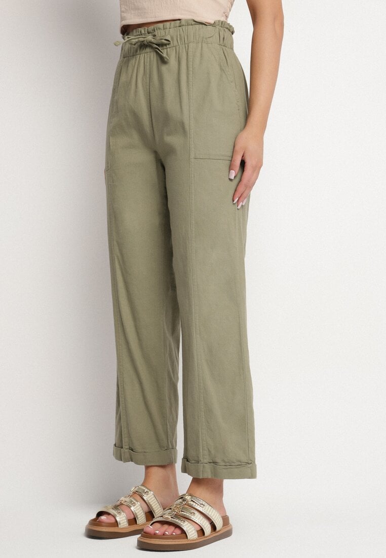 Ciemnozielone Bawełniane Spodnie z Wysokim Stanem i Ozdobnym Wiązaniem Vilwia