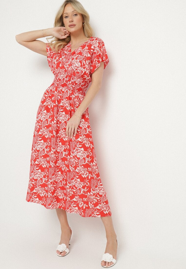Czerwona Kopertowa Sukienka z Bawełną w Kwiatowy Wzór Ldivira
