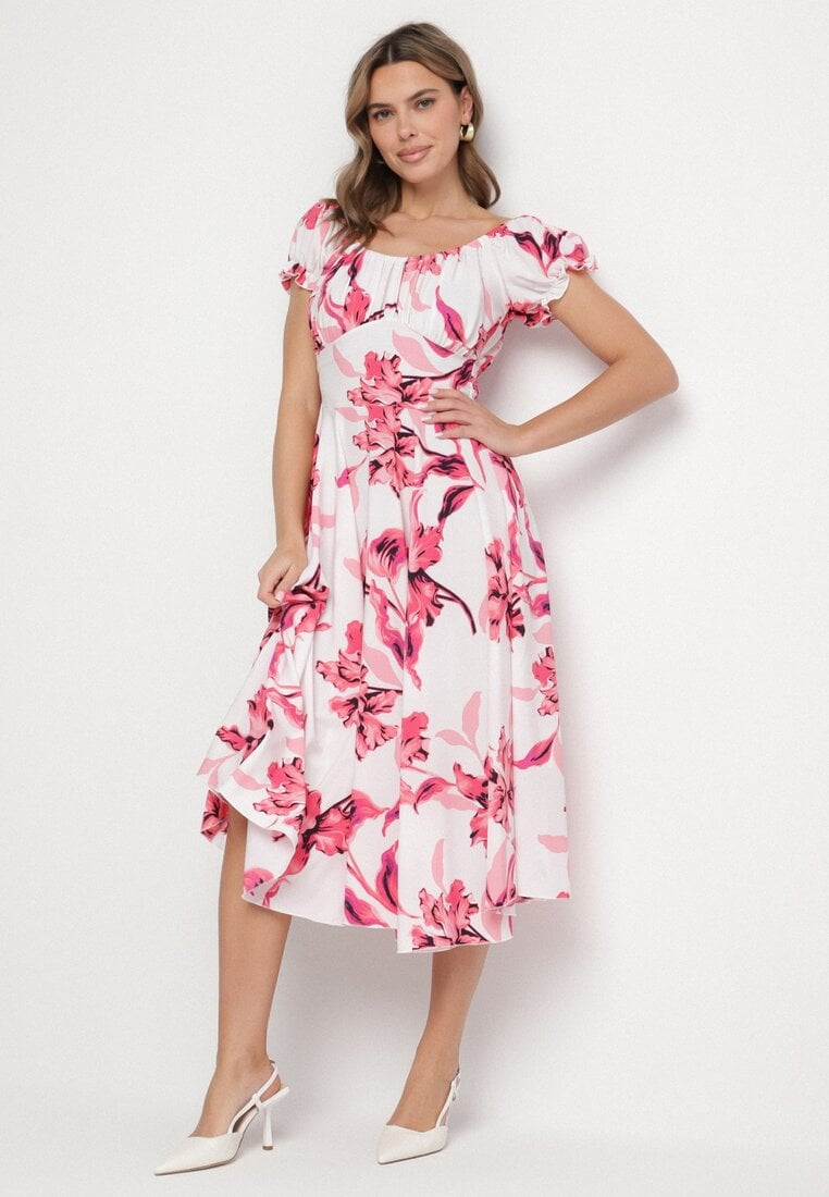 Jasnobeżowa Sukienka w Kwiaty z Dekoltem Łódką z Bawełną o Rozkloszowanym Kroju Annilva