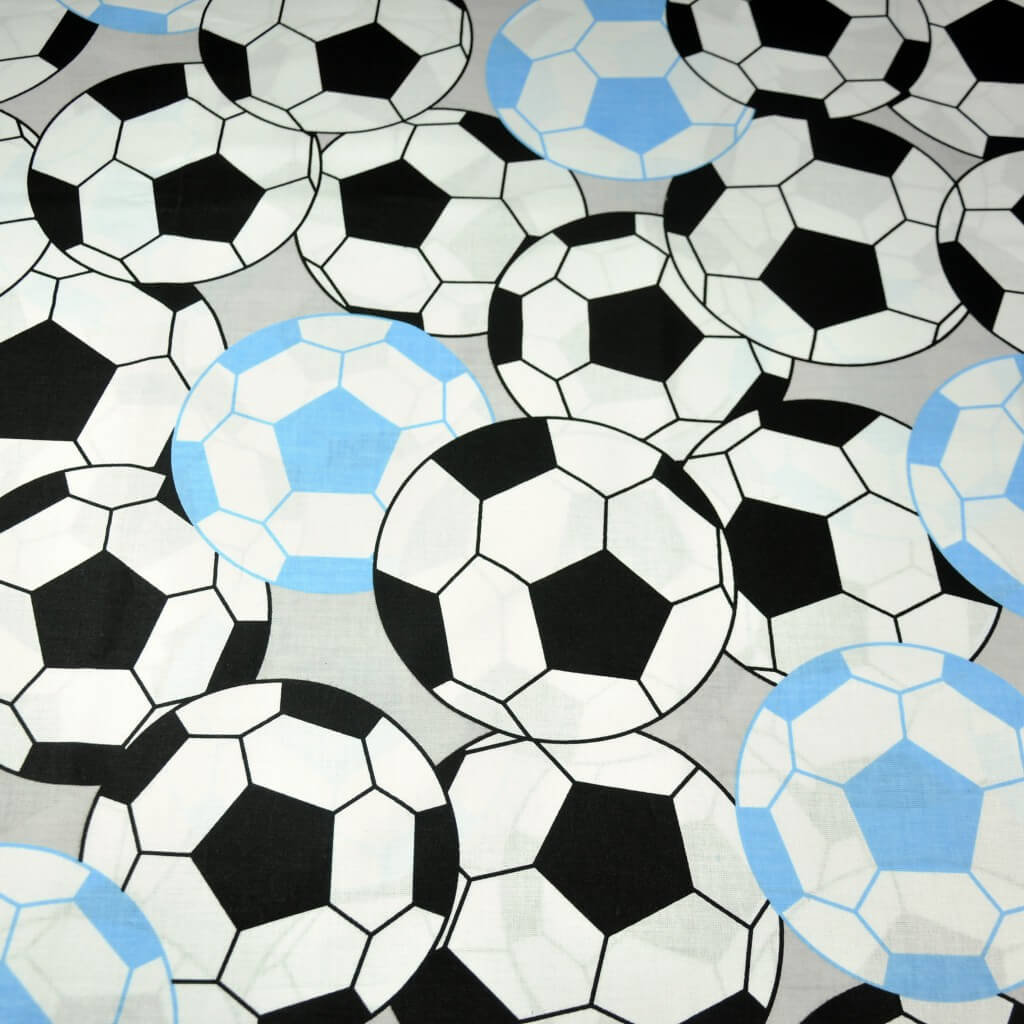 Tkanina bawełniana Piłki 3D czarno błękitne na szarym tle