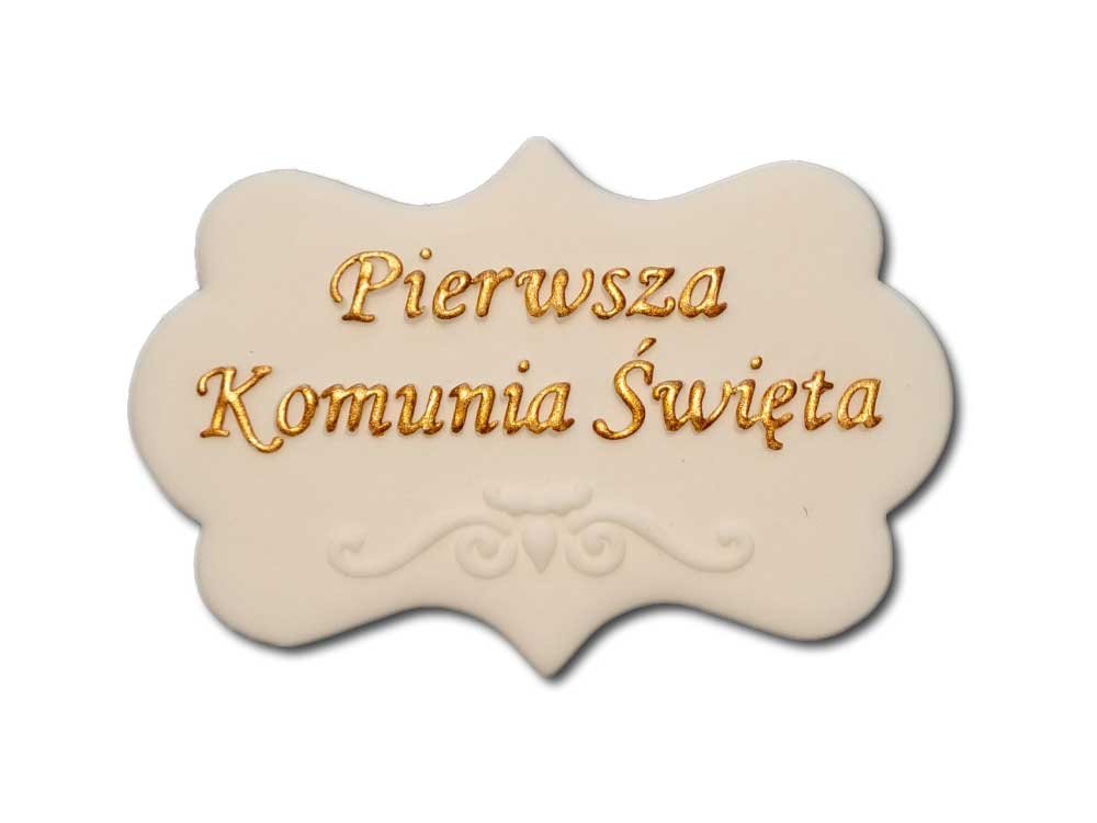 Plakietka cukrowa na tort Komunia biała napis złoty