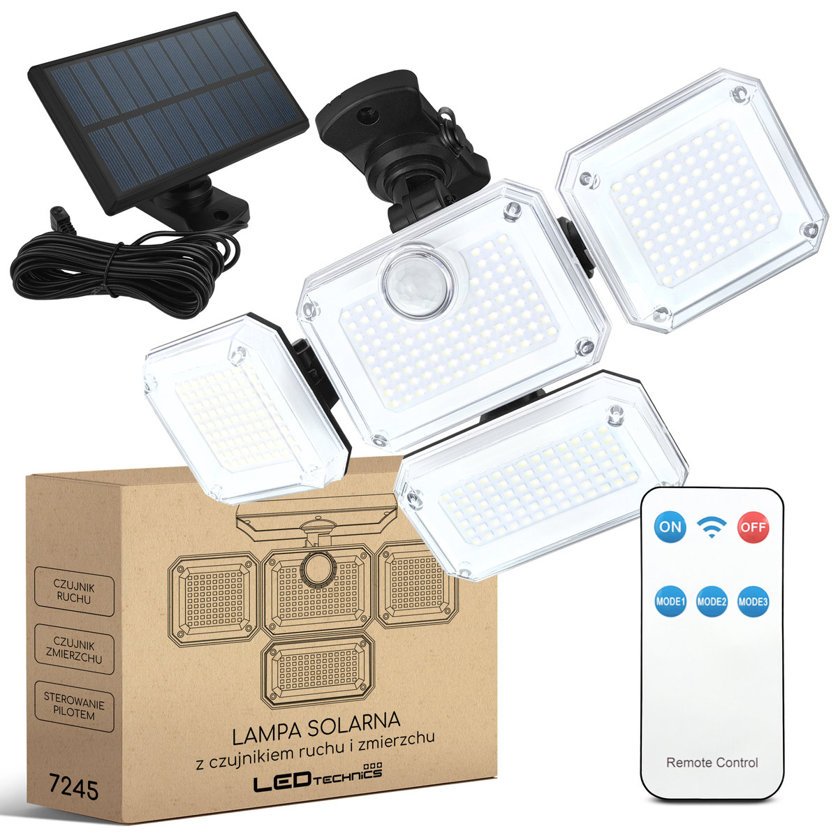 Lampa solarna LED czujnik ruchu zmierzchu Naświetlacz zewnętrzny + pilot
