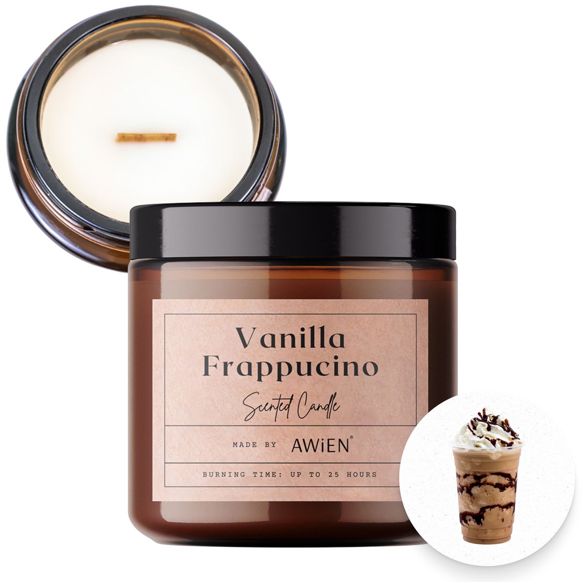Słodka Świeca Sojowa w Słoiku z Drewnianym Knotem Waniliowe Frappucino