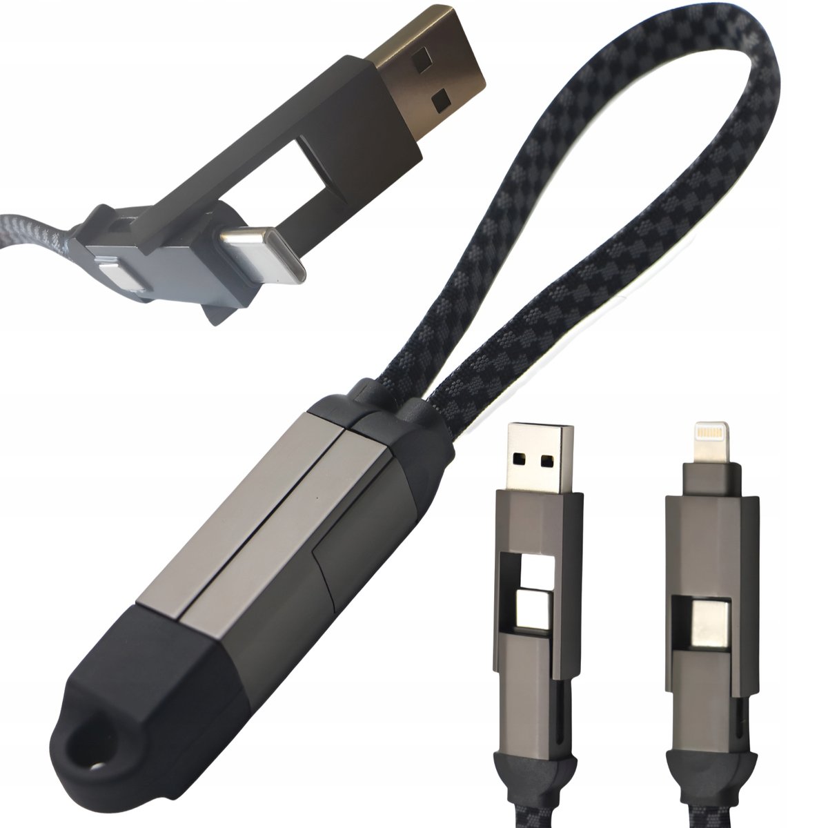 Kabel magnetyczny 4w1 do ładowania brelok 100W 15cm USB C USB A Lightning