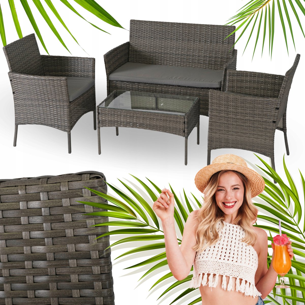 Zestaw Meble Ogrodowe Technorattan Na Taras Ogród Komplet Szare MISSISIPI