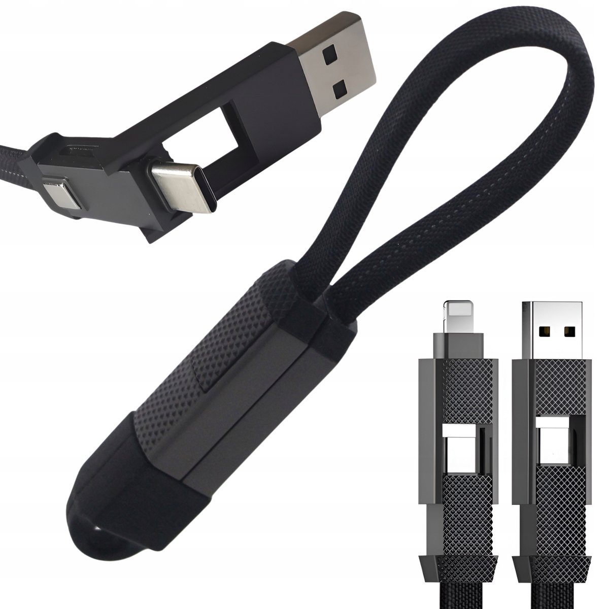 Kabel magnetyczny 4w1 do ładowania brelok 60W 15cm USB C USB A Lightning
