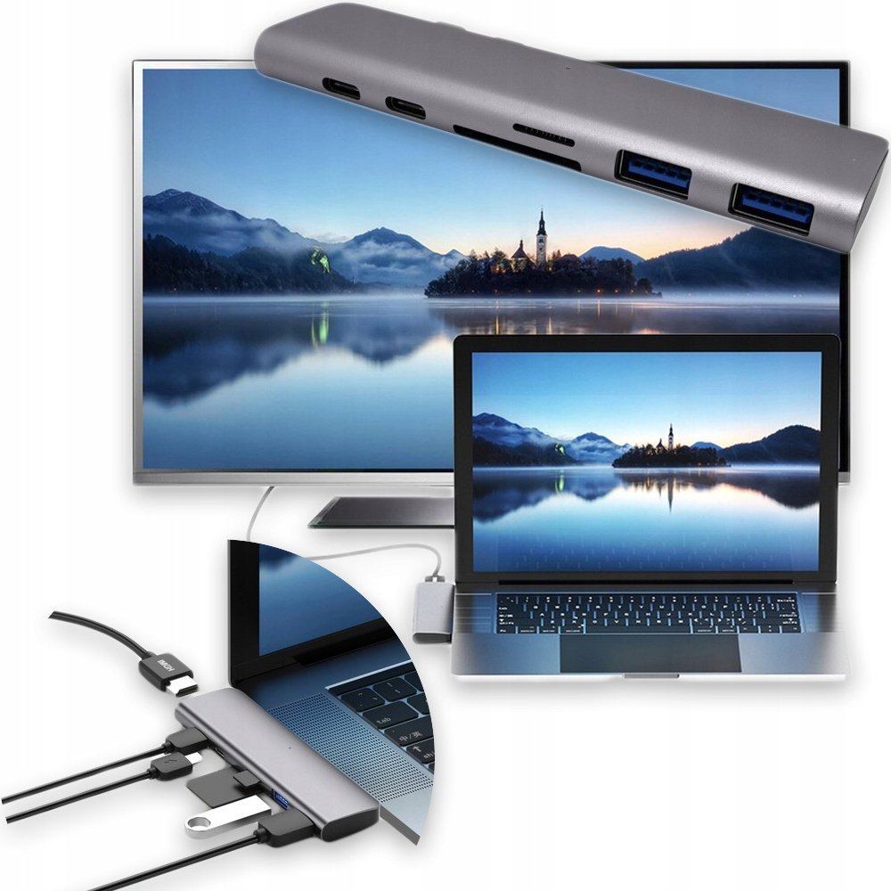Adapter Hub 6w1 USB C A HDMI SD microSD Thunderbolt3 do MacBook Air Pro