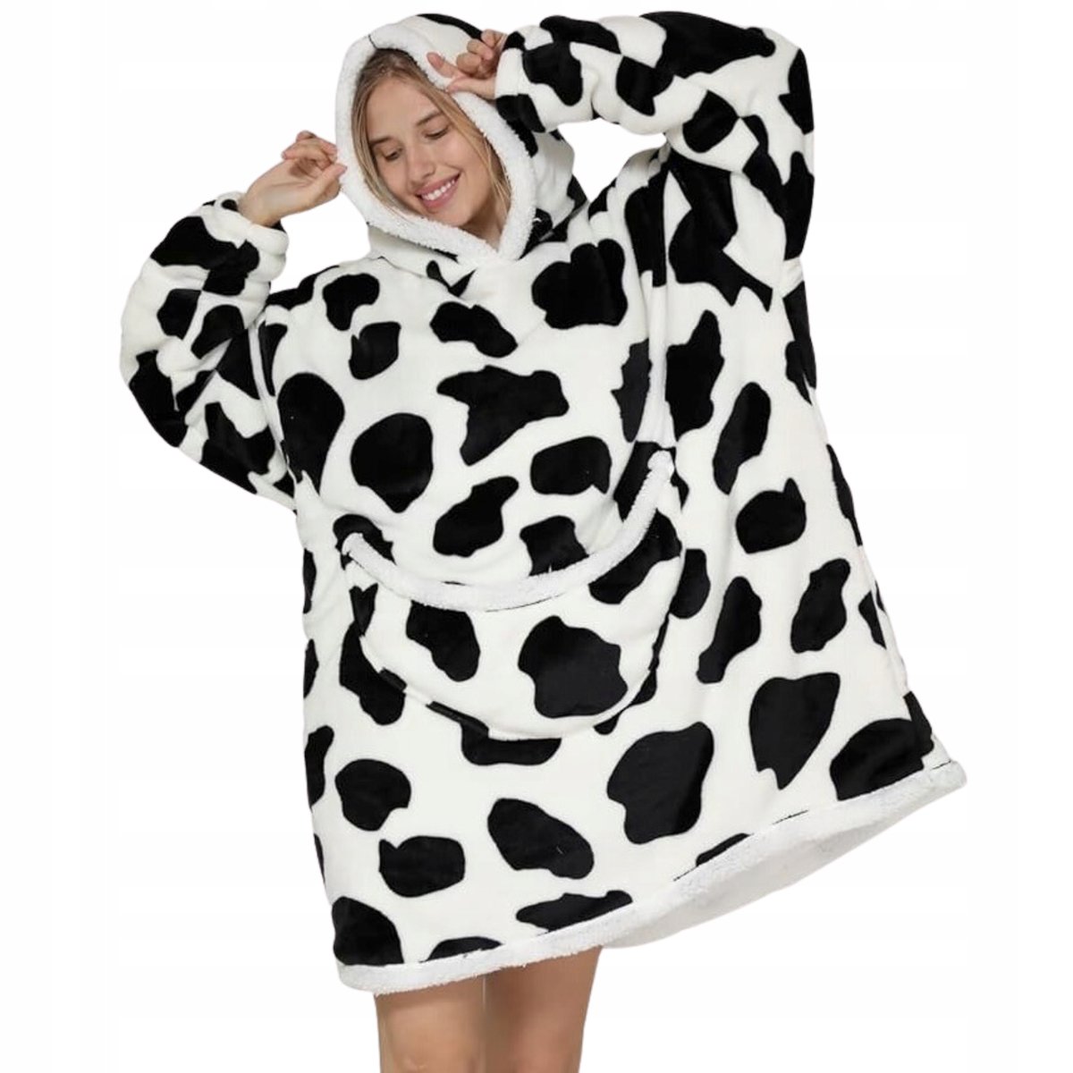 BLUZA PLUSZOWA Z KAPTUREM COMFY KOC OVERSIZE CIEPŁA WZÓR KROWA