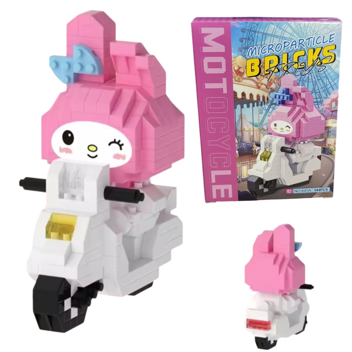 Klocki Kuromi Sanrio My Melody 344 ELEMENTY FIGURKA MOTOCYKL MIŚ ZABAWA