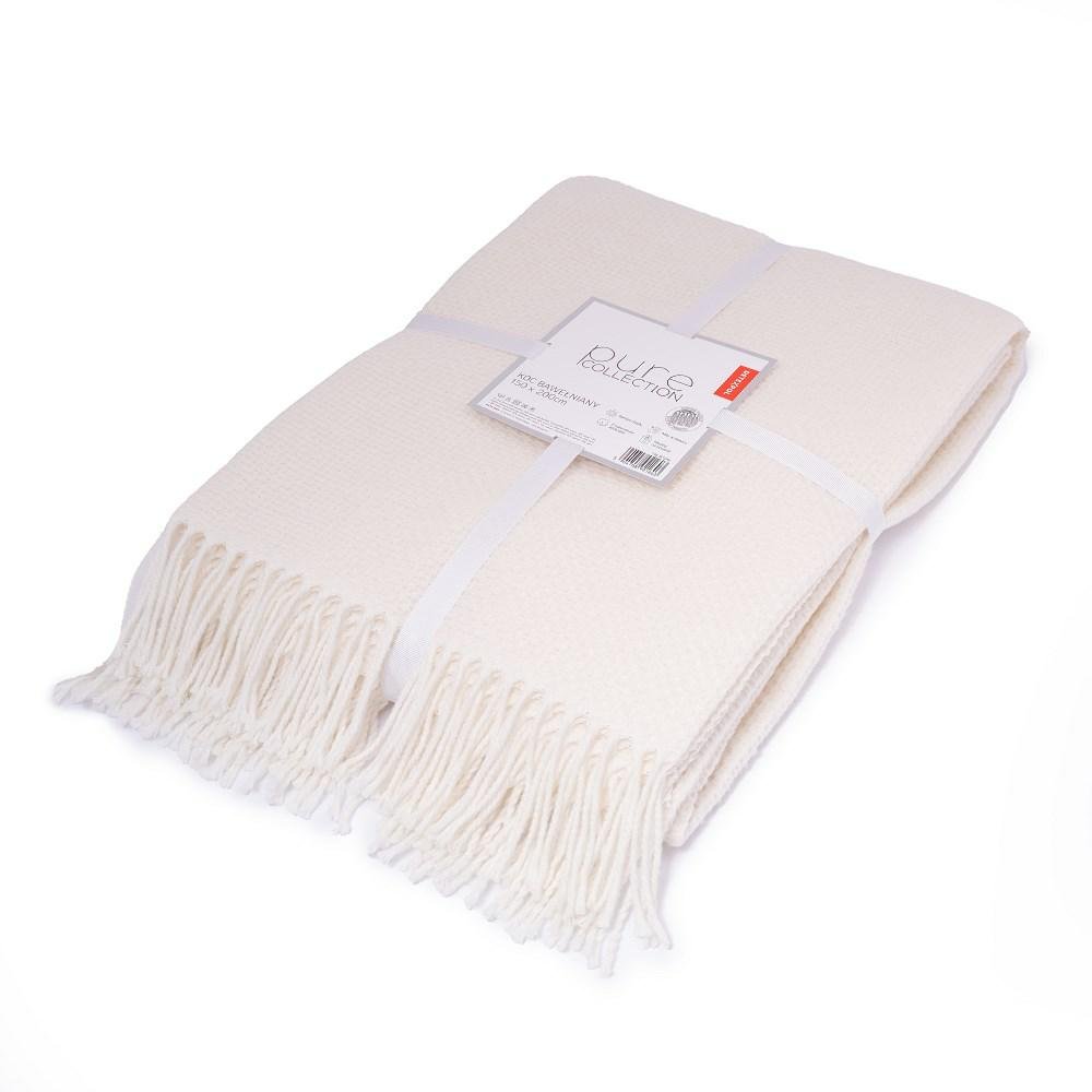 Koc bawełniany akrylowy 200x220 ecru z frędzlami jacquard