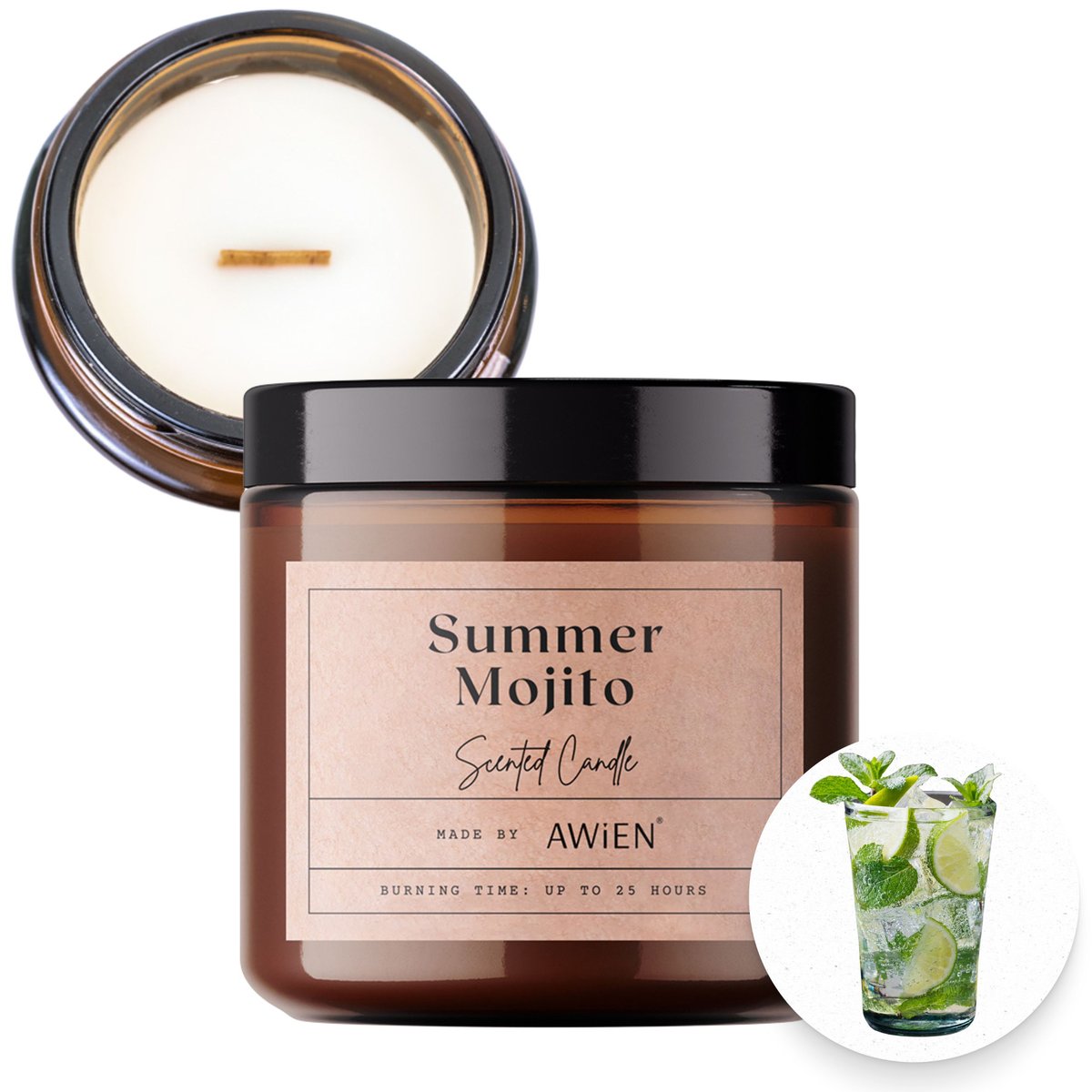 Orzeźwiająca Świeca Sojowa w Słoiku z Drewnianym Knotem Letnie Mohito