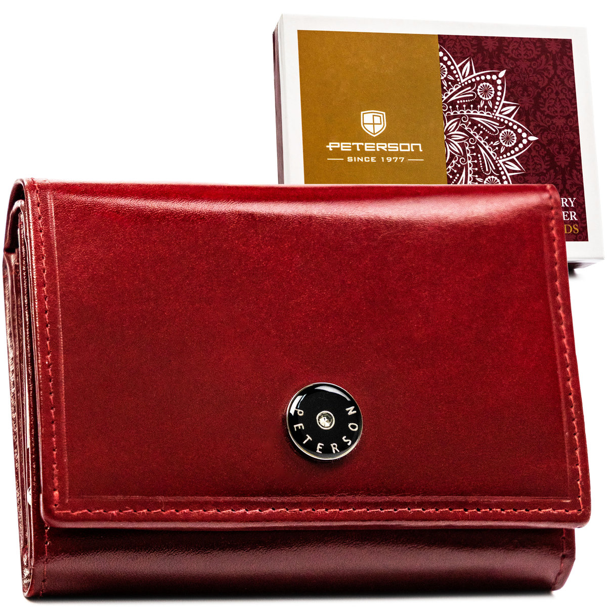 Czerwony mały poziomy składany portfel damski PETERSON skóra naturalna rozbudowany na karty dokumenty i banknoty schowek na suwak pudełko prezentowe..