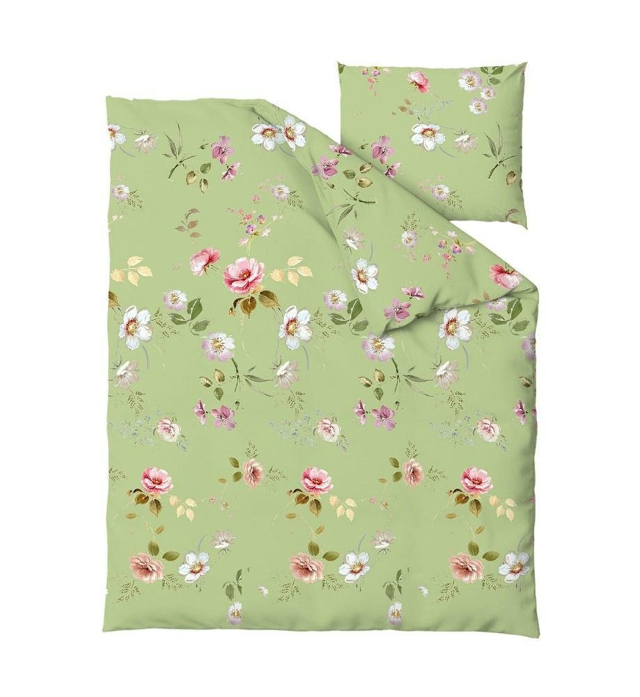 Pościel bawełniana 140x200 Olivia seledynowa wielokolorowa kwiaty z jedną poszewką Gold Zaratex