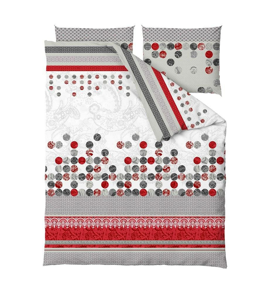 Pościel bawełniana 160x200 Merino szara czerwona biała ornamenty paski Gold Zaratex