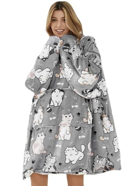 BLUZA PLUSZOWA Z KAPTUREM SZARA COMFY KOC OVERSIZE CIEPŁA WZÓR KOTY KOTKI