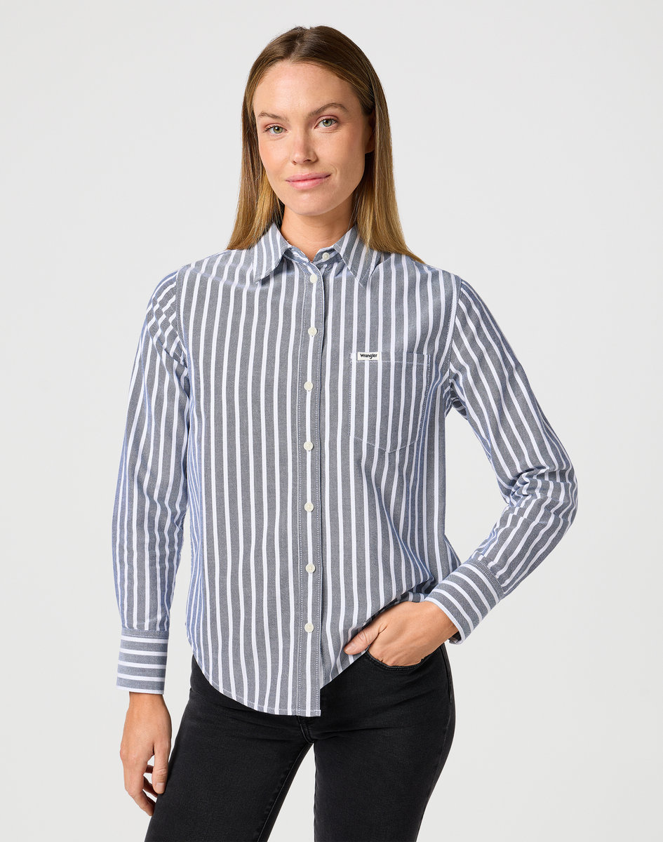 KOSZULA DAMSKA SZARA PASKI WRANGLER 112362597 1 PKT SHIRT NAVY M