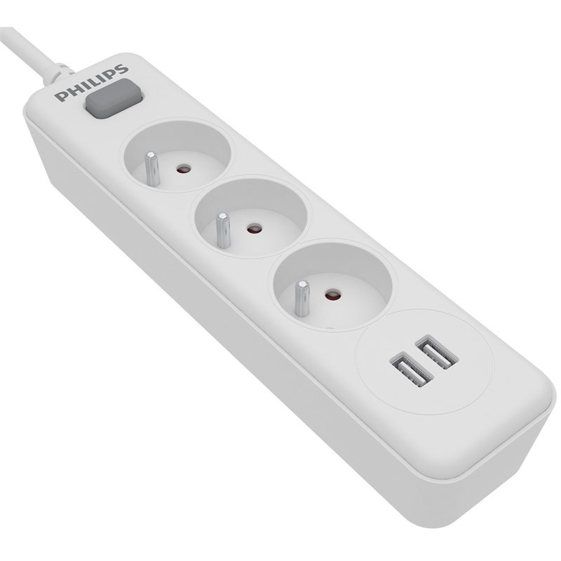 Przedłużacz Philips - elektronika 3x zásuvka + 2x USB-A, s vypínačem, 2 m