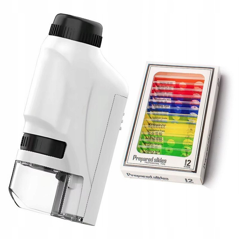 Mikroskop kieszonkowy regulowany 60x - 120x podświetlenie LED + 12 płytek