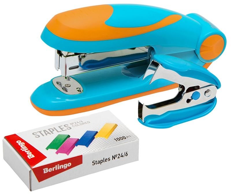 ZESTAW FUZE ZSZYWACZ NIEBIESKO-POMARAŃCZOWY 24/6, 26/6, ROZSZYWACZ I ZSZYWKI KOLOROWE, BERLINGO