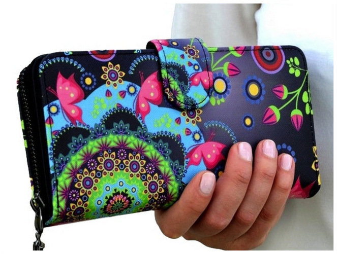 PORTFEL DAMSKI w Kwiaty PODWÓJNY na zamek organizer duży