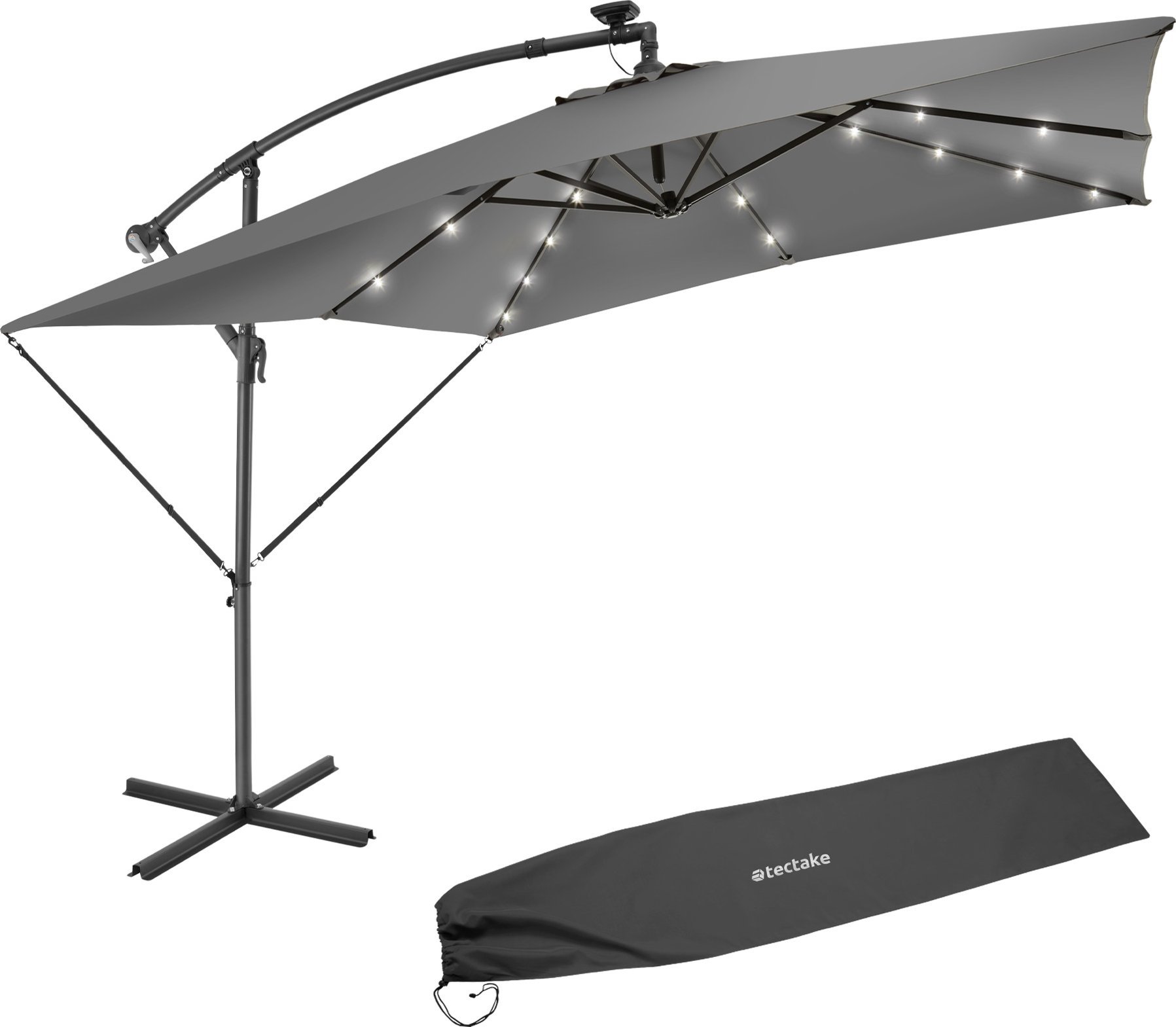 Tectake Parasol Sunna LED-Solar z korbą 2,5 x 2,5 m - jasnoszary