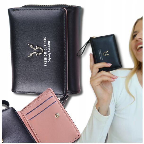 Elegancki Mały Skórzany Portfel portmonetka czarny komorowy karty skóra