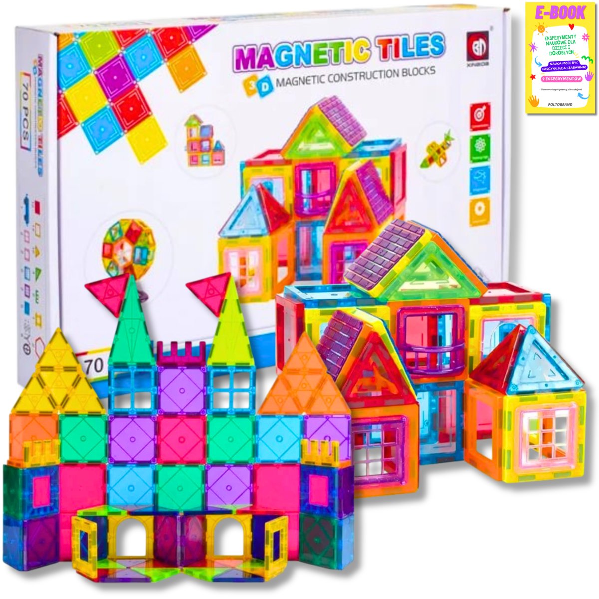 DUŻE KLOCKI MAGNETYCZNE, kafelki, płytki,zestaw XXL 70 el Rainbow Magnetic tiles + EBOOK
