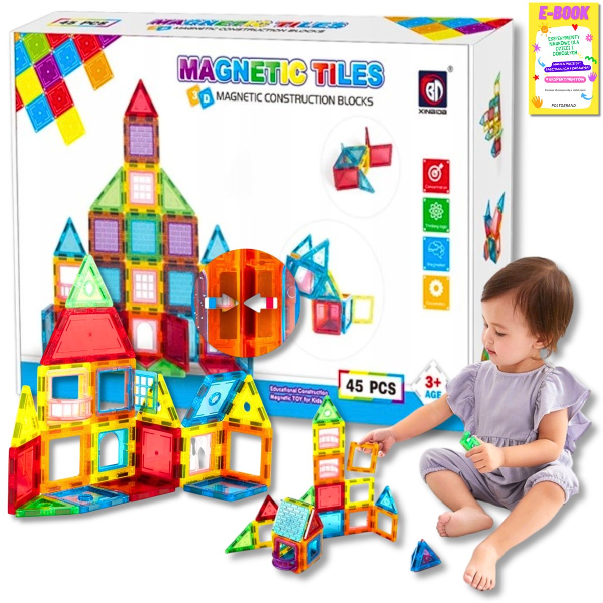 DUŻE KLOCKI MAGNETYCZNE KONSTRUKCYJNE 3D MAGNETIC DLA DZIECI 45el PANELE KONSTRUKCYJNE KLOCKI PREZENT + EBOOK